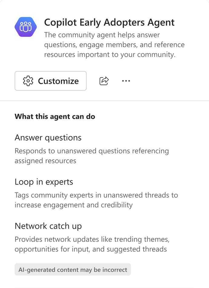 The Copilot Early Adopters Agent card: what the agent can do, answering questions, looping in experts and network catch up, with a note that AI-generated content may be incorrect.