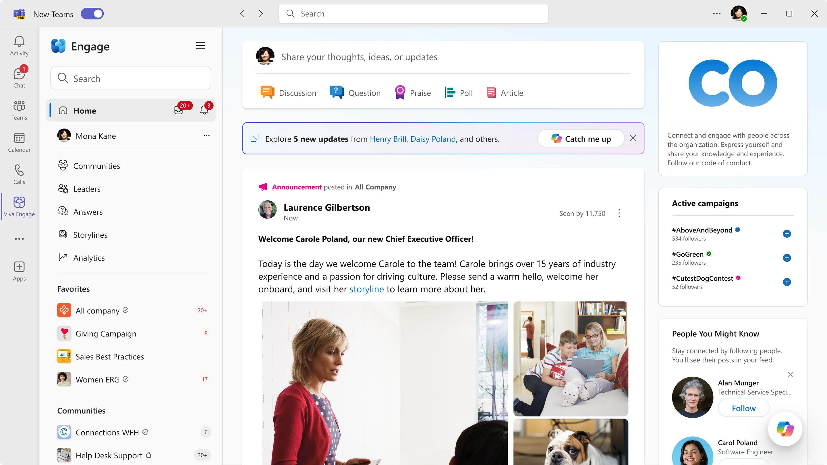 The Engage home feed with a banner offering to catch the reader up on five new updates.