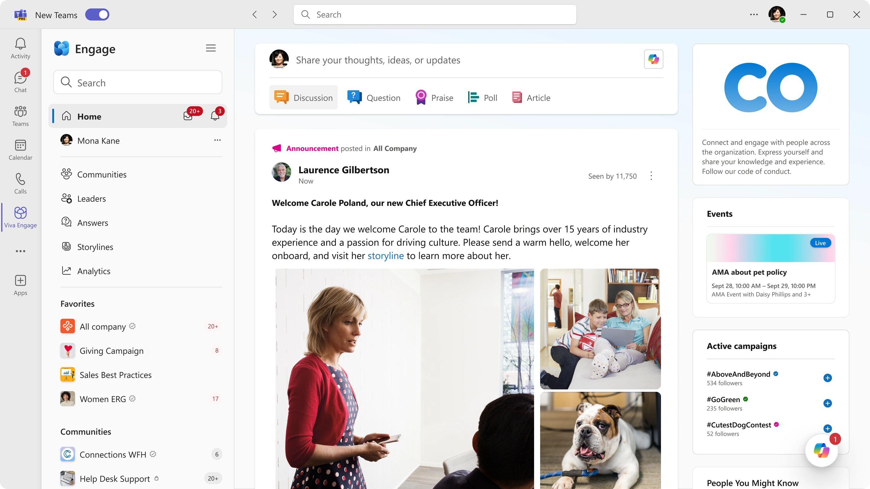 Viva Engage with a badged Copilot button waiting in the corner of the feed.