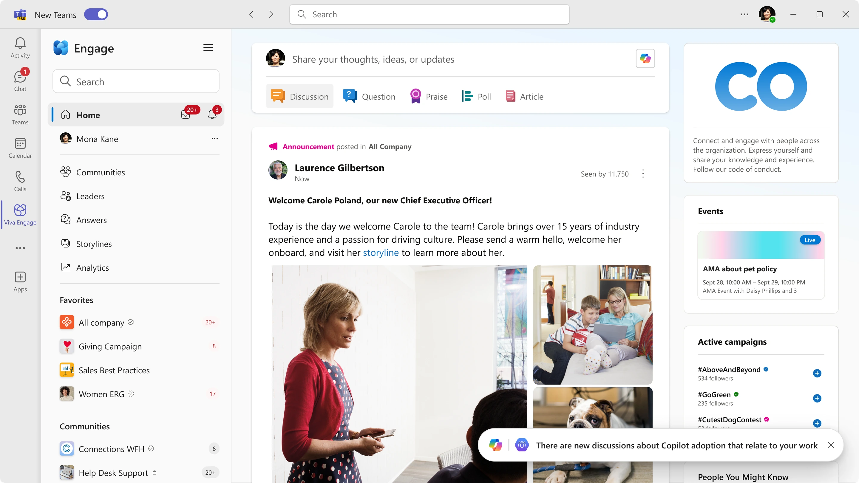 The button expanded into a nudge: there are new discussions about Copilot adoption that relate to your work.