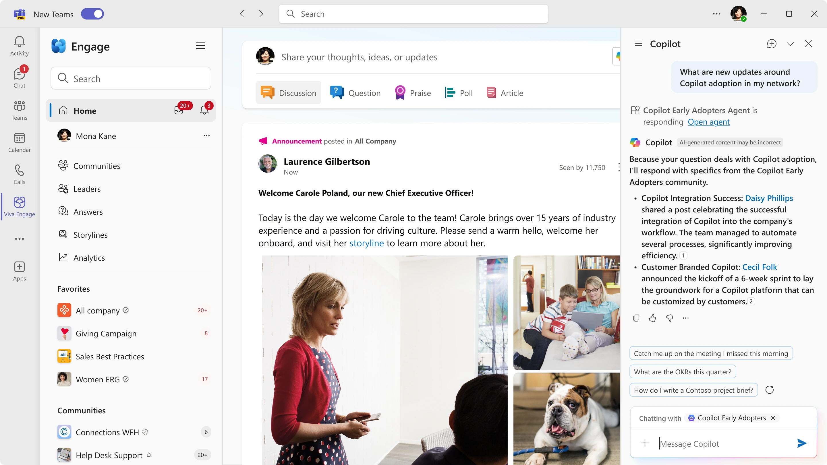 The Copilot panel open beside the feed, answering the question and naming the agent that is responding, with a link to open it.