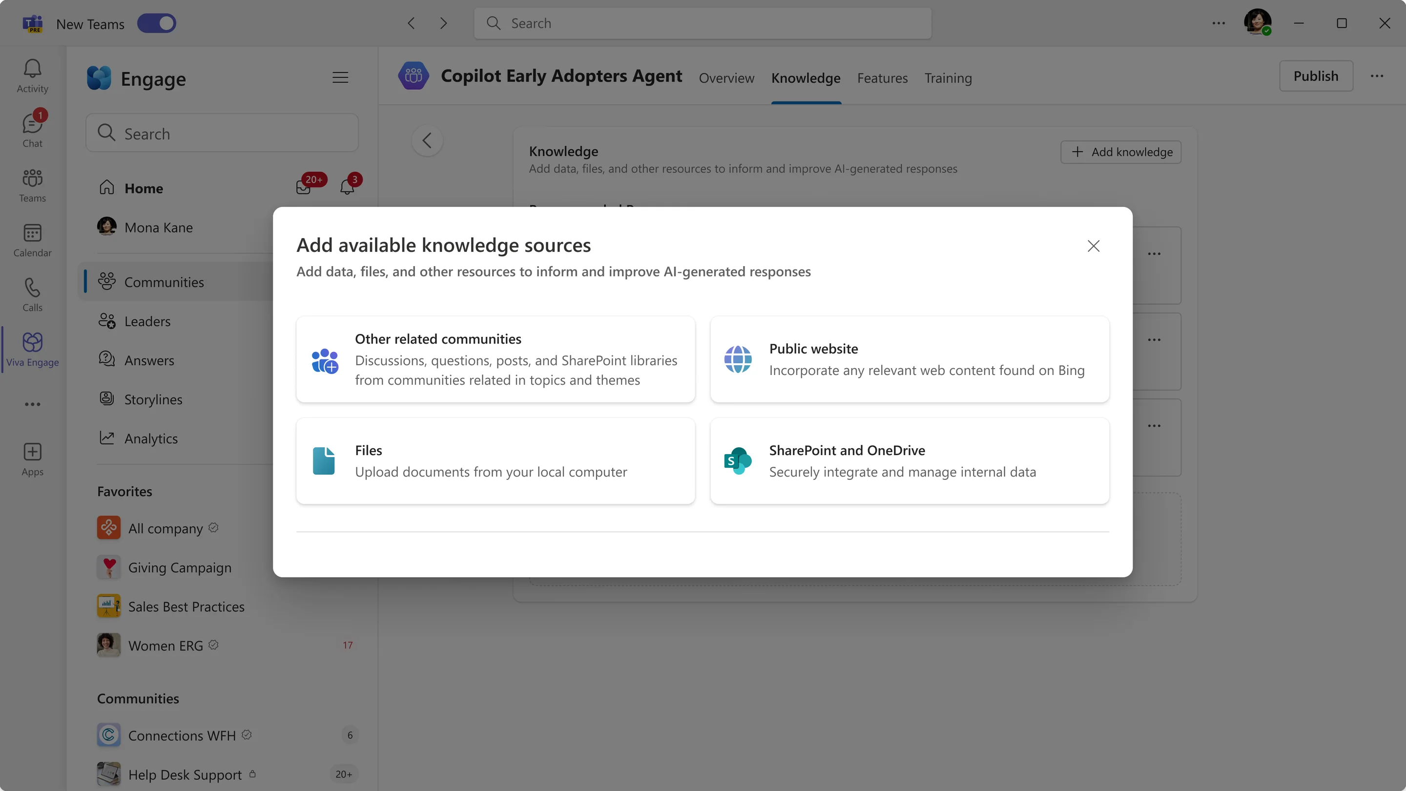 A picker offering four kinds of knowledge source: other related communities, a public website, files, and SharePoint or OneDrive.