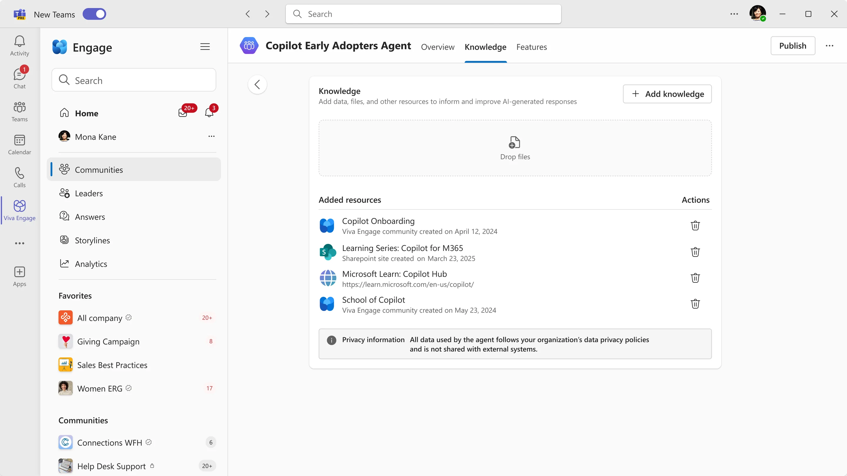 The Knowledge tab with four sources attached, each removable, under a note that the data stays inside the organization&rsquo;s privacy policies.
