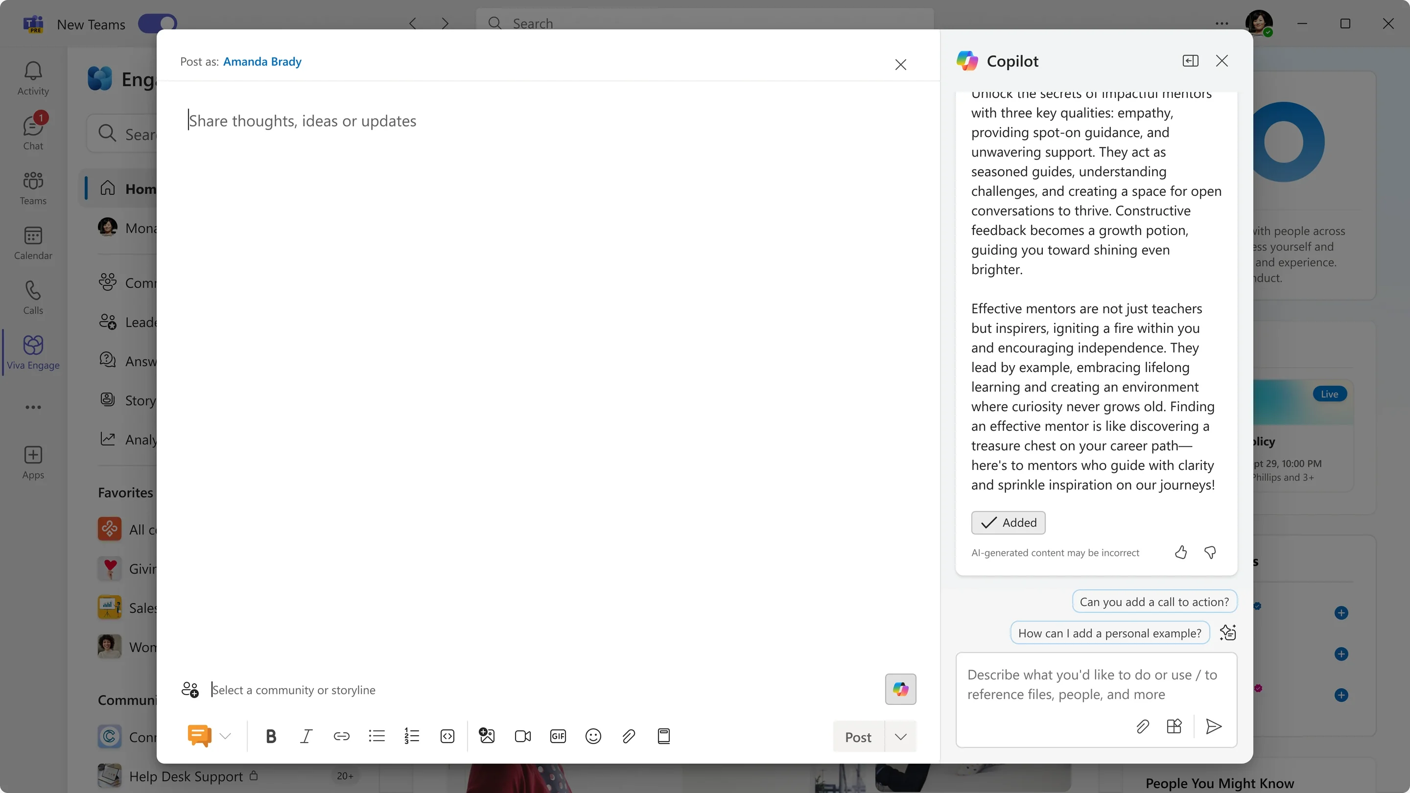 Viva Engage on the Teams desktop app: the left rail, a post composer open over the feed, and the Copilot panel docked to its right.