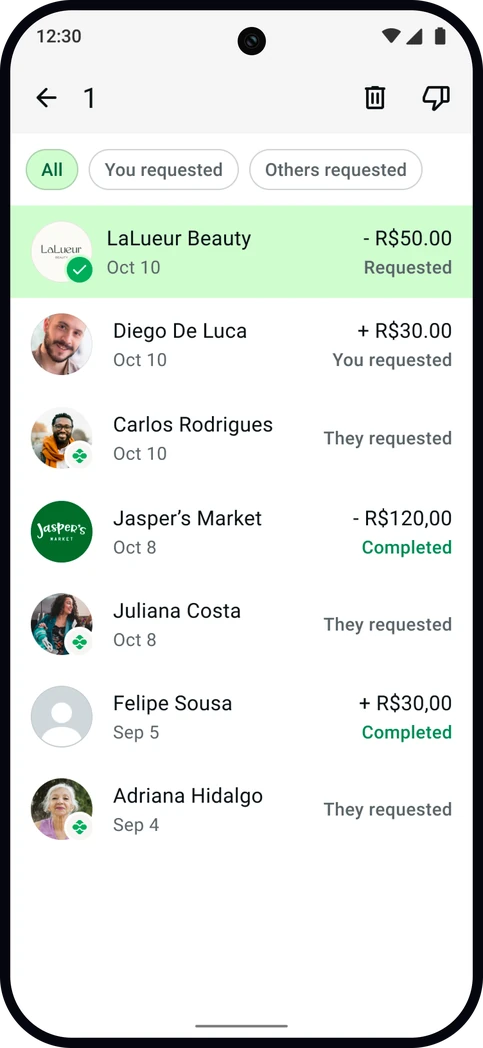 A transaction selected by long press