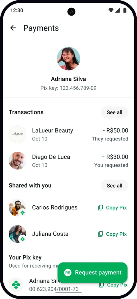 Payments Home with transactions, Pix keys shared with you, and your own key