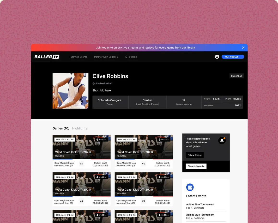 A dark BallerTV player profile page with highlights and a grid of game thumbnails