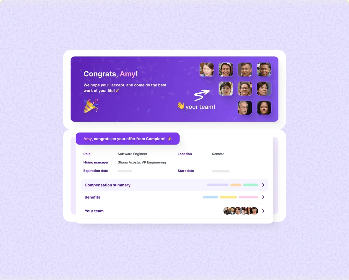 A congratulations screen announcing an accepted offer, above a summary of role, compensation and benefits