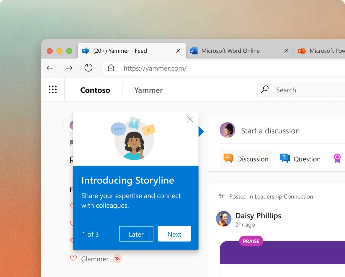 A Yammer feed in a browser with a dialog introducing Storyline for sharing expertise with colleagues
