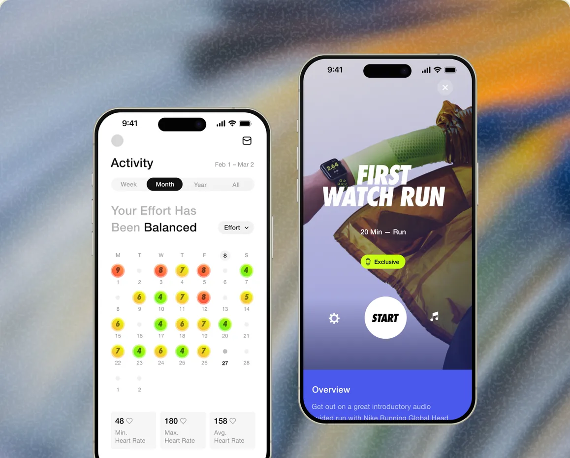 Two phones showing a monthly run activity calendar and a guided First Watch Run start screen