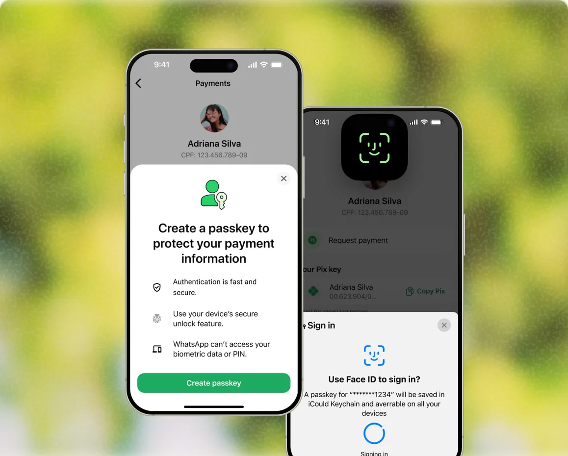 Two phones showing a sheet offering to create a passkey to protect payment information, and a Face ID sign-in prompt