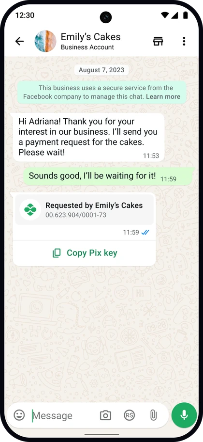 A WhatsApp thread in which the merchant has sent their Pix key