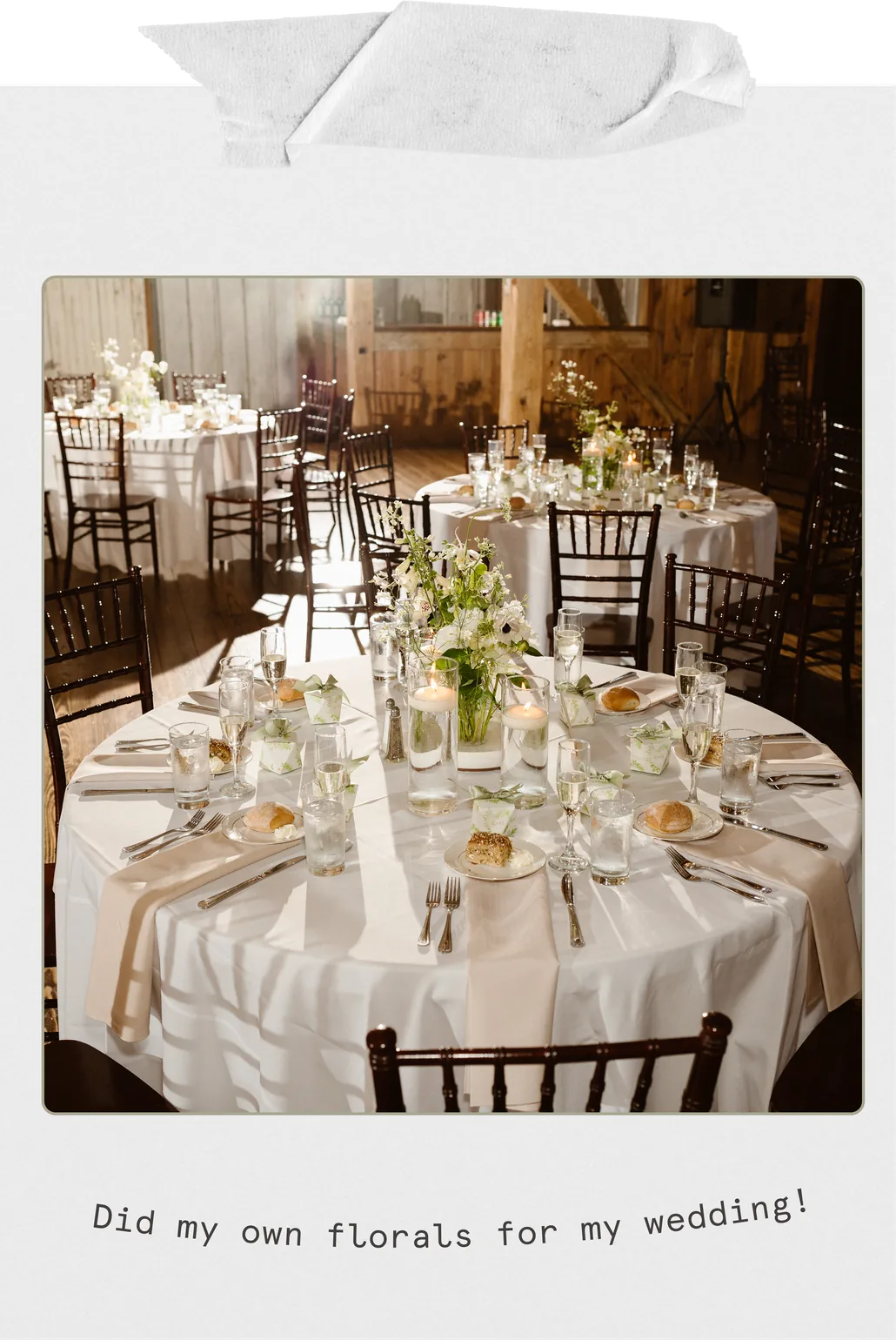 A polaroid of wedding tables laid with her own florals