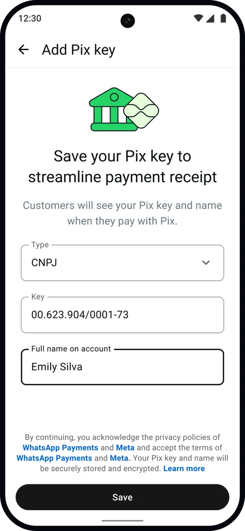 The Add Pix key form filled in, with Save enabled