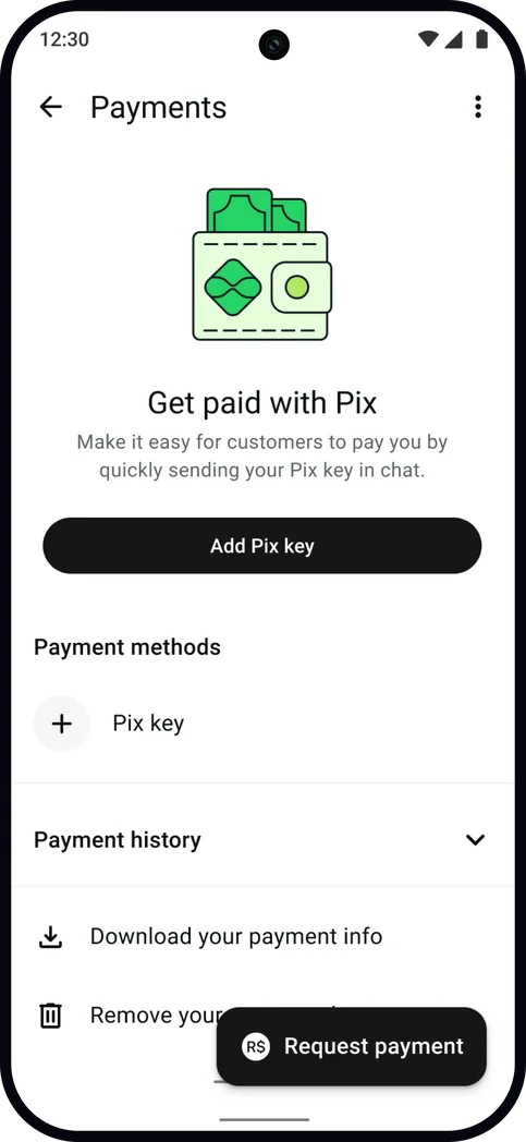 Payments Home, with Add Pix key and a request payment action
