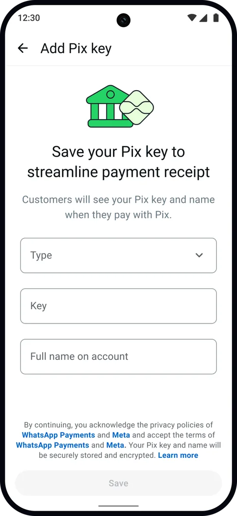 The Add Pix key form, empty