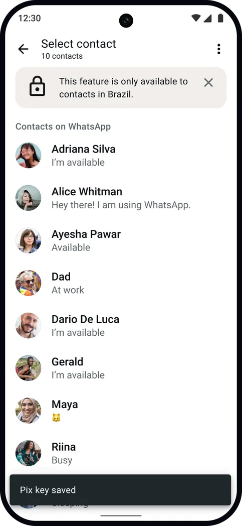 The contact picker, with the Pix key saved confirmation