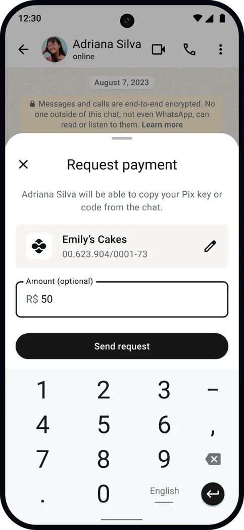 The payment request sheet with fifty reais entered